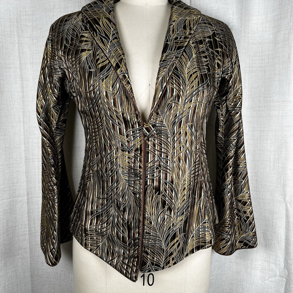 Women's Medium Gold Leaf One Button 100% Silk Jacket Blazer‎ Bell Sleeves